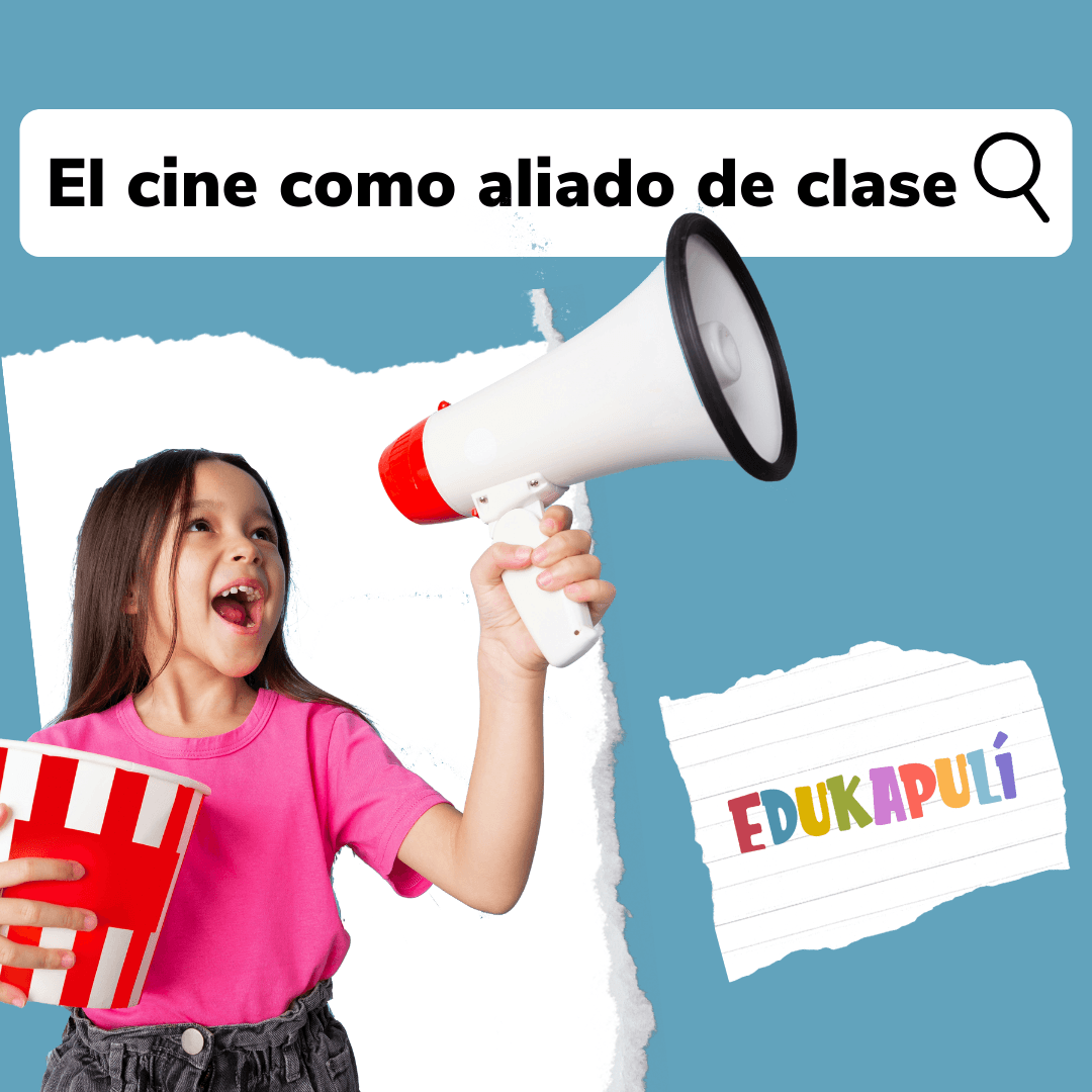 Niña hablando por altoparlante como directora de cine y sujetando un balde de palomitas de maíz