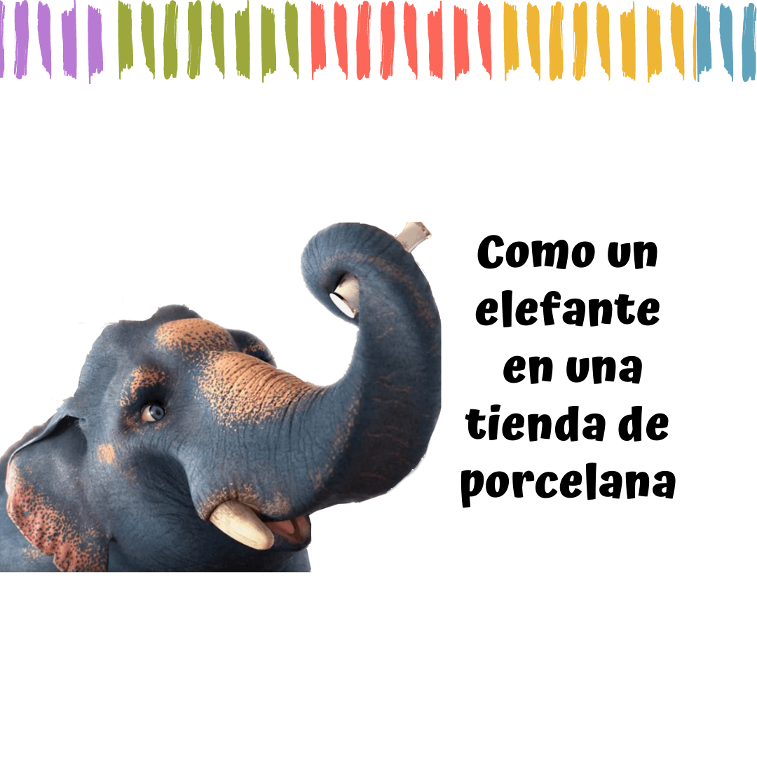 ilustración del corto como un elefante en una tienda de porcelana, elefante sujetando en su trompa un adorno de porcelana