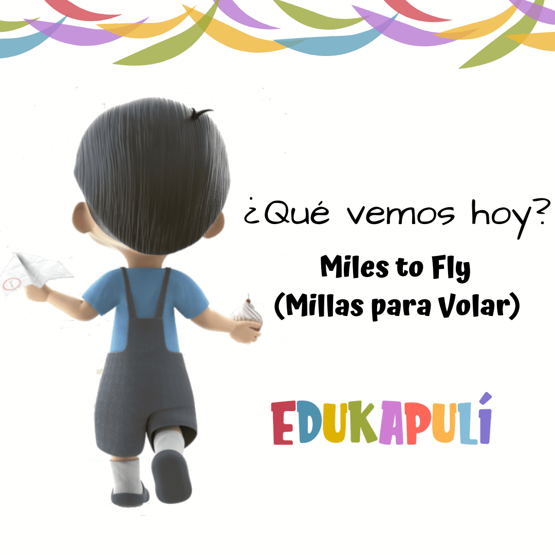 ilustración de corto Miles ti fly niño de espaldas haciendo volar a un avión de papel