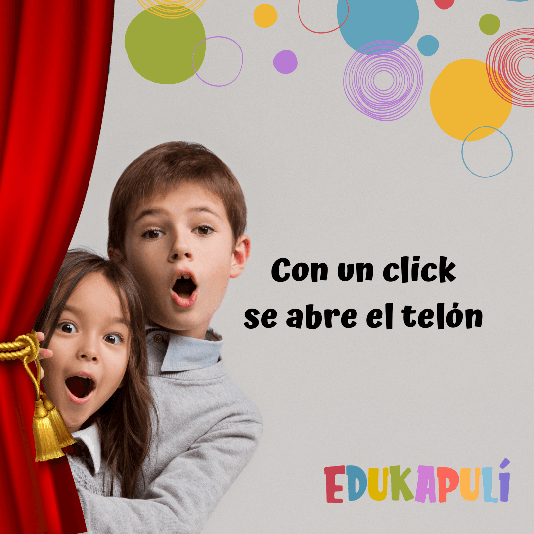 dos niños asomados por una cortina roja con cara de asombro